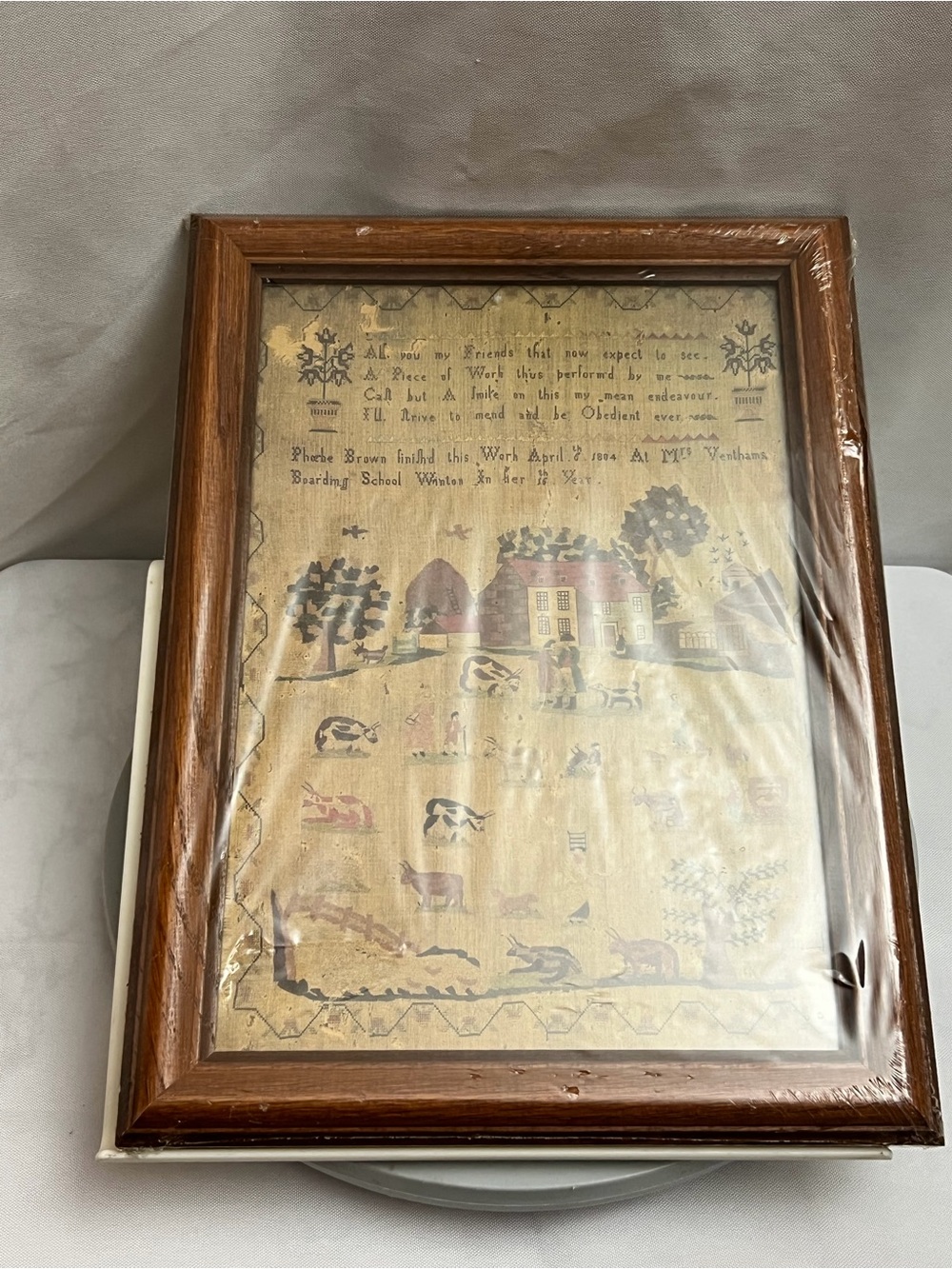 Framed Phoebe Brown 1804 Schoolgirl Sampler Reproduction Folk Art 14”